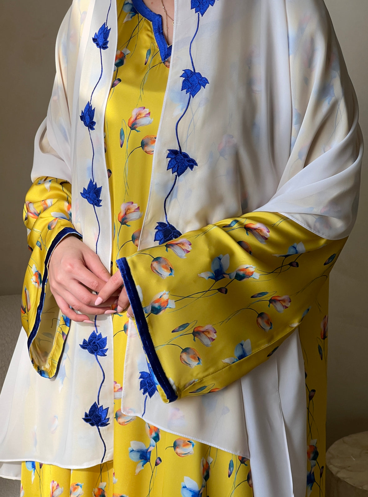 MEI520 - Grace in Yellow Bloom / Floral Embroidered Jalabiya and Shaila