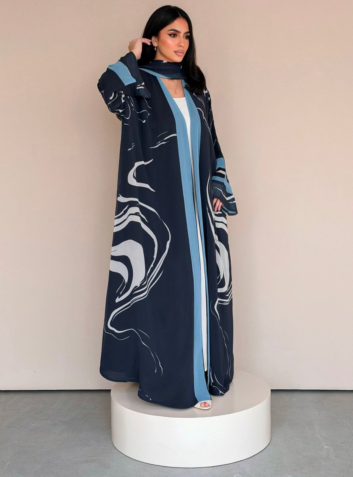 MEI787 - Swirl Print Half Bisht Abaya with Matching Headscarf