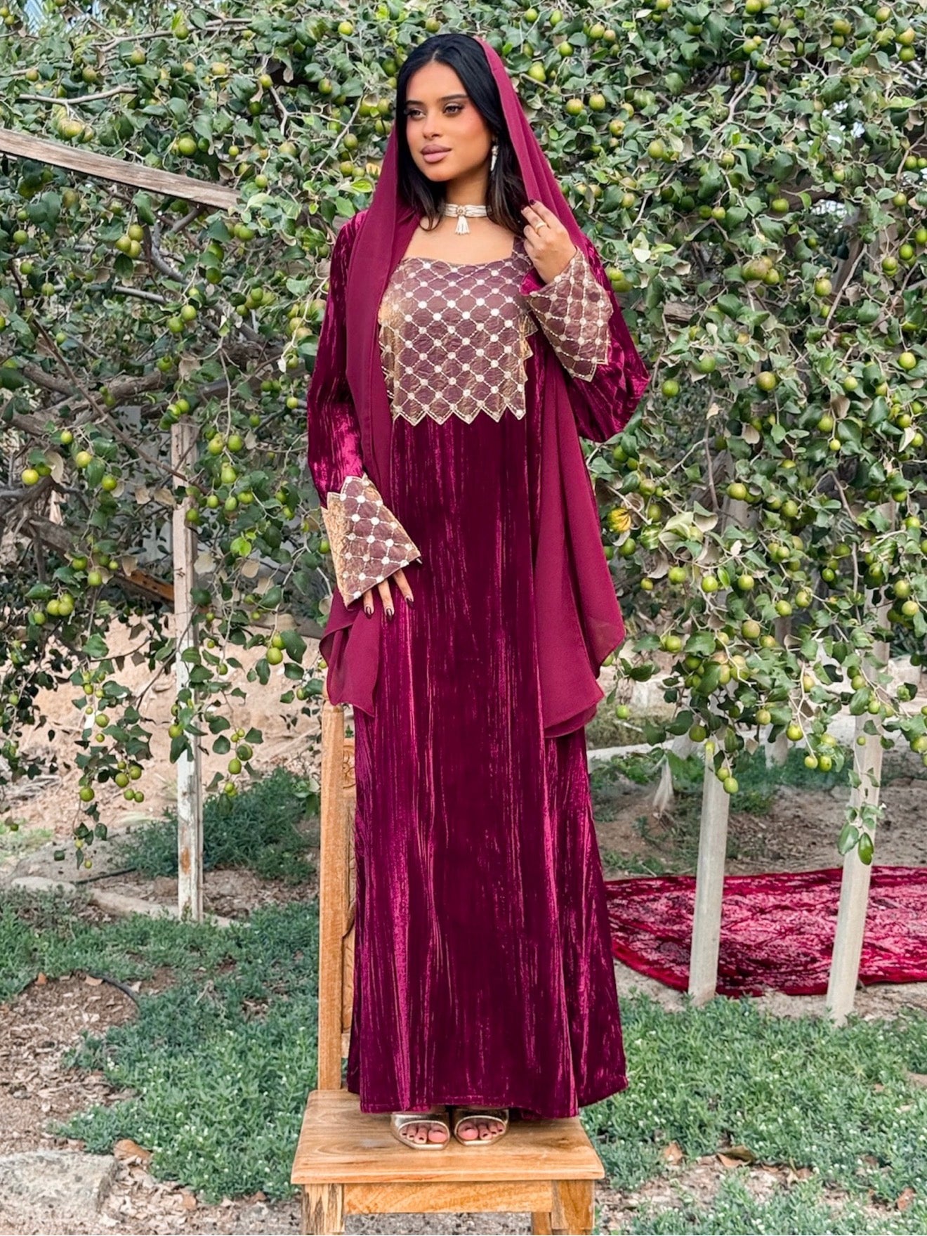 MEI671 - Burgundy Velvet & Embroidered Silk Jalabiya with Headscarf