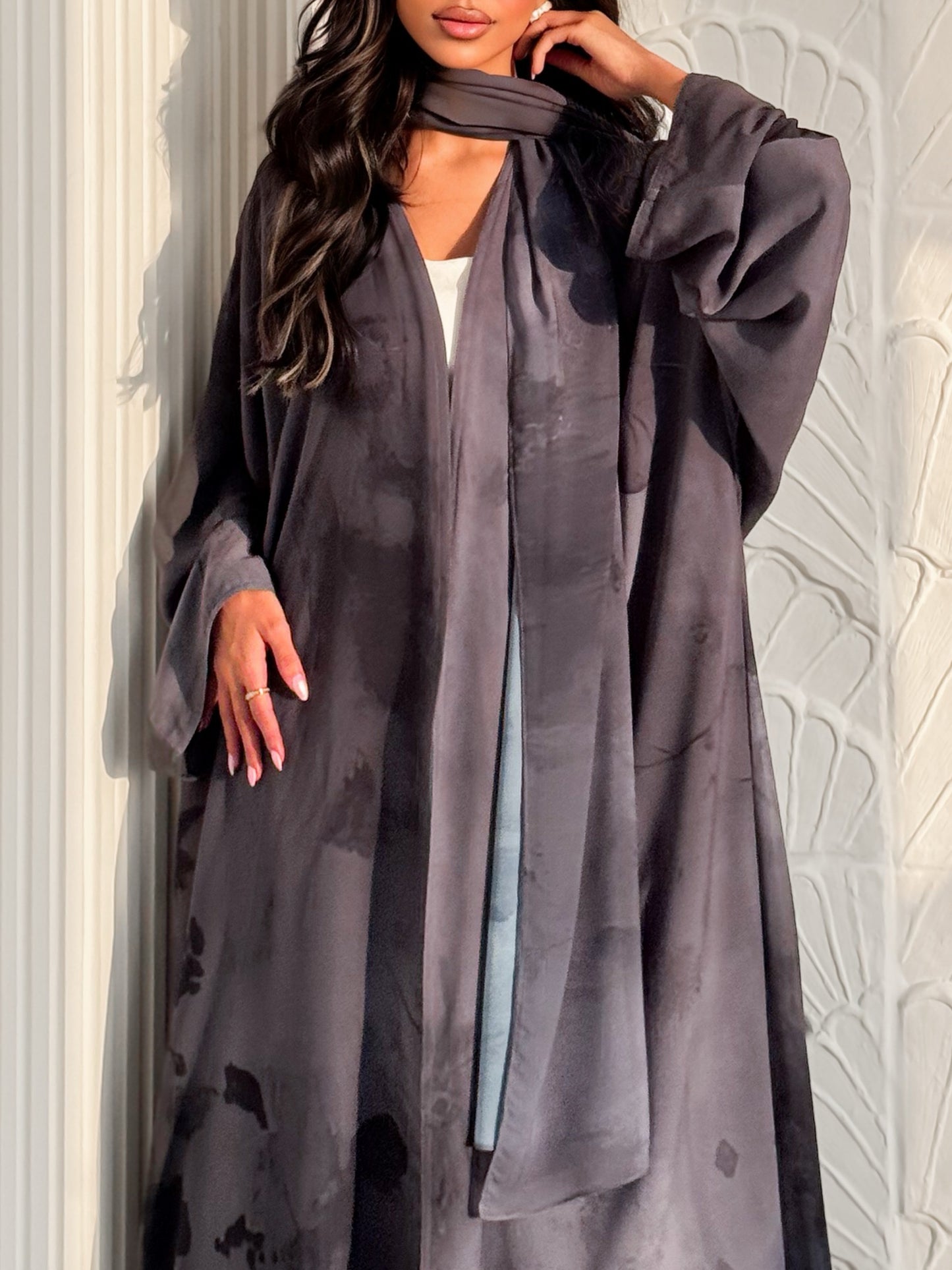 MEI628 - Grey Floral Print Abaya