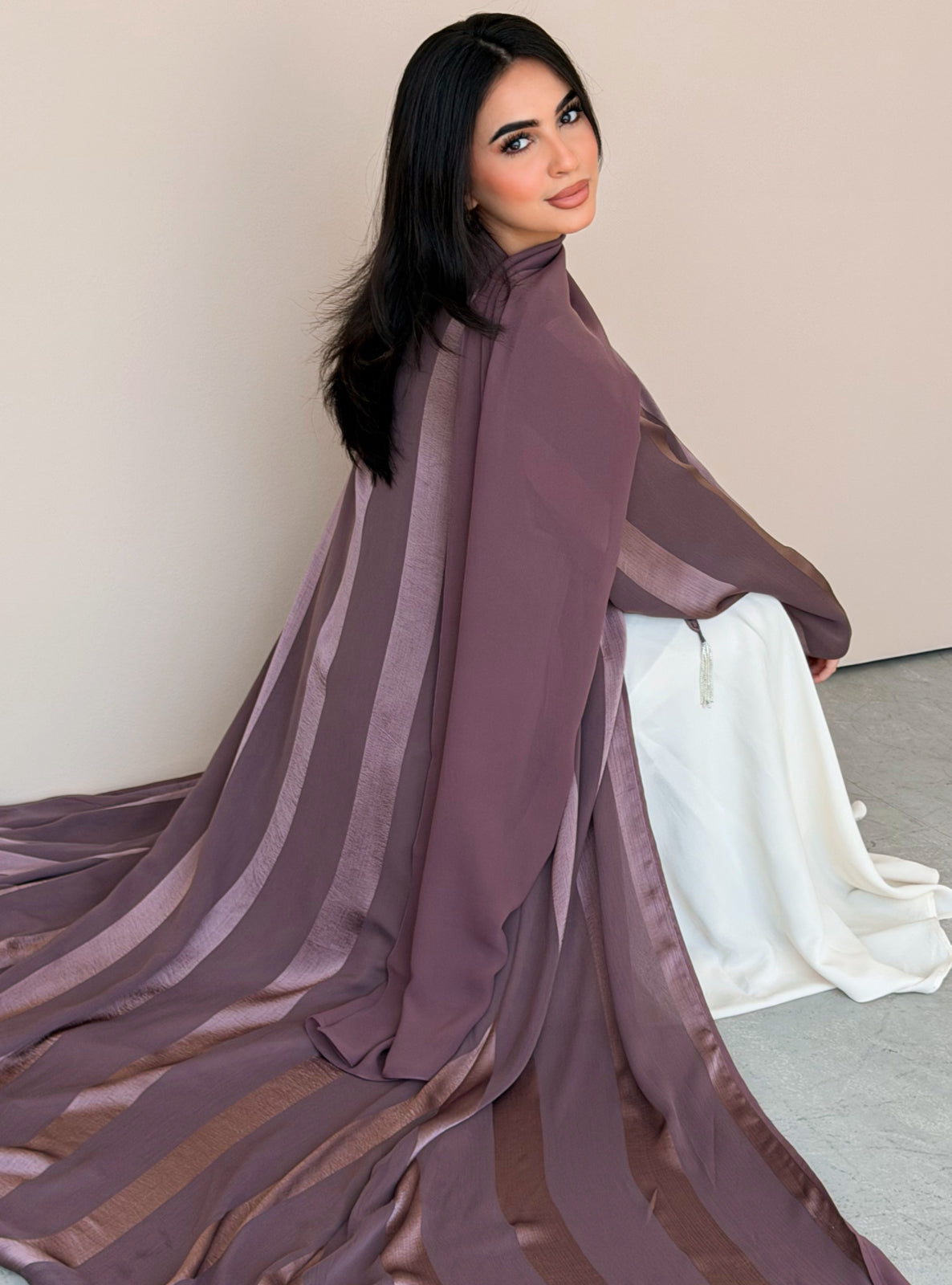 MEI769 - Aura A-Cut Abaya in Dusty Mauve with Matching Headscarf