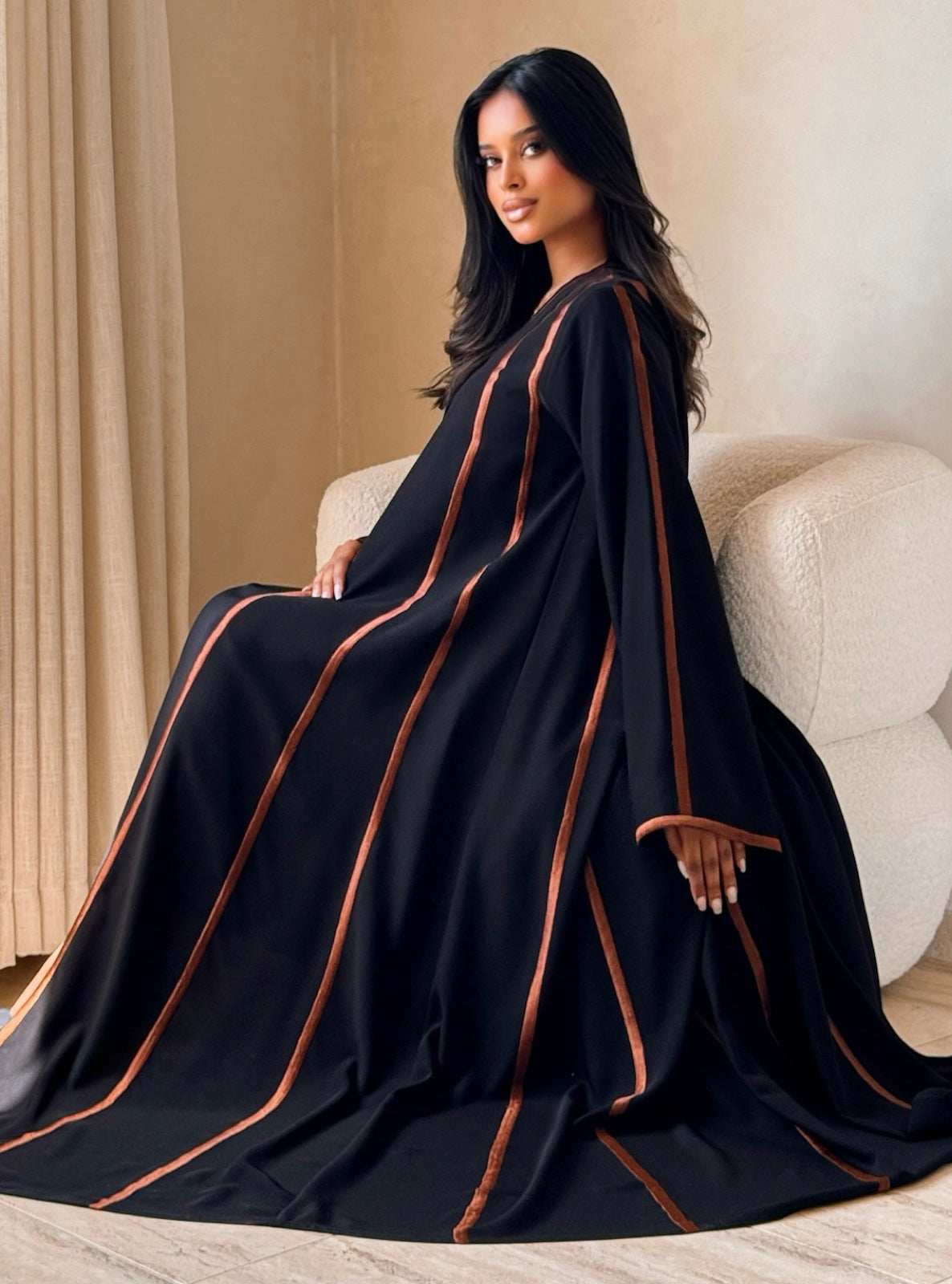 MEI734 - Black A-Cut Abaya with Brown Embroidery & Matching Headscarf