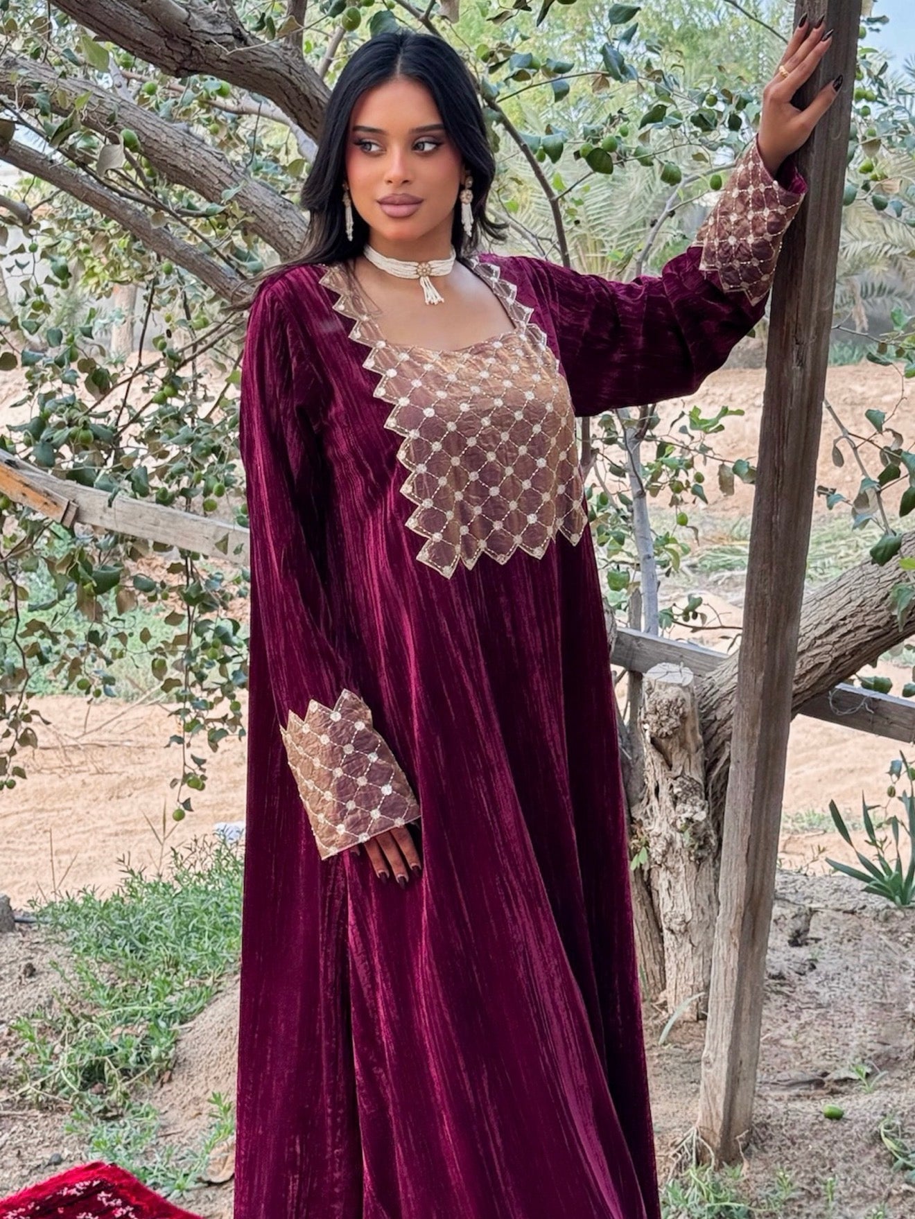 MEI671 - Burgundy Velvet & Embroidered Silk Jalabiya with Headscarf