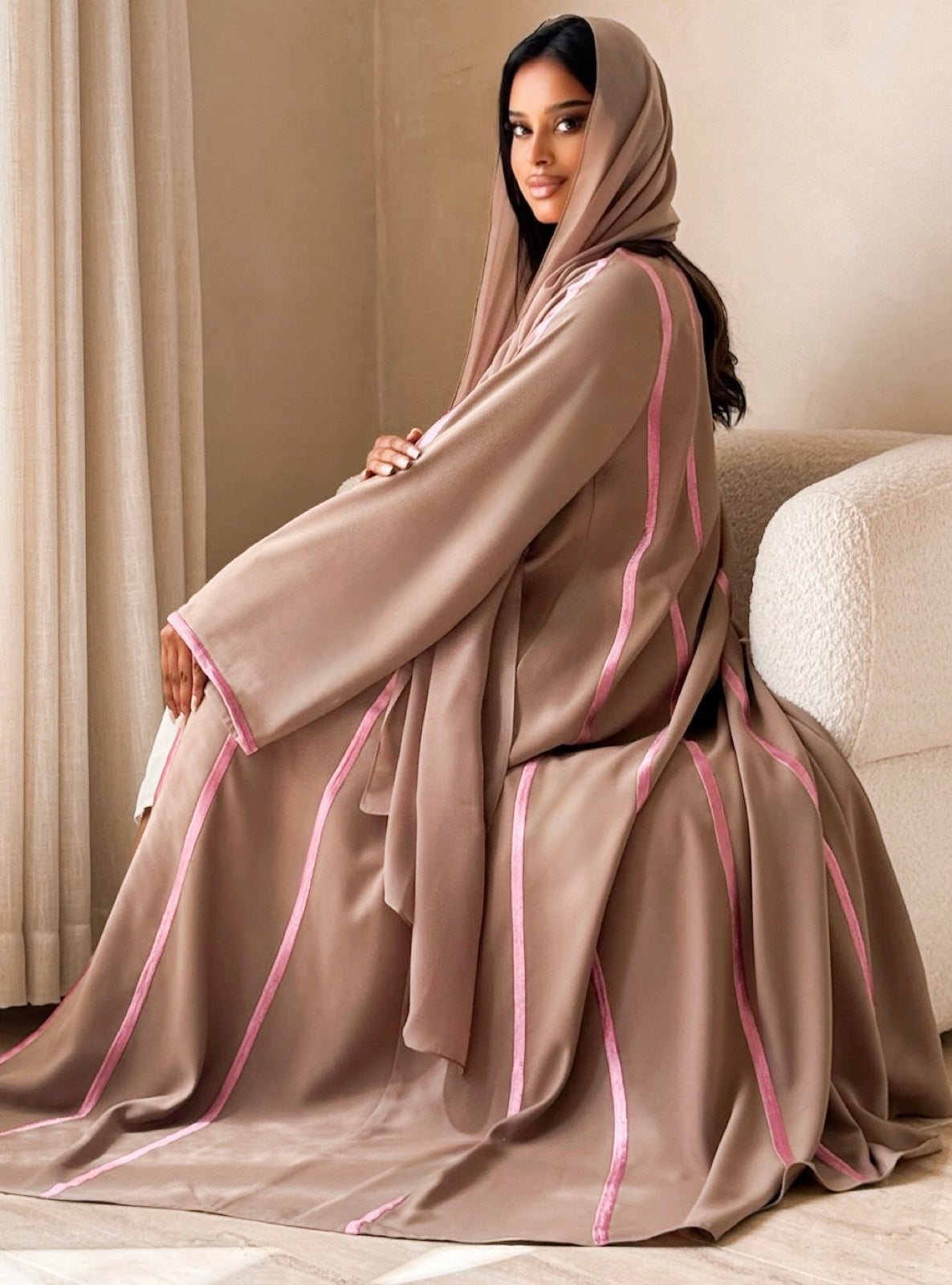 MEI737 - Dark Beige A-Cut Abaya with Pink Embroidery & Matching Headscarf