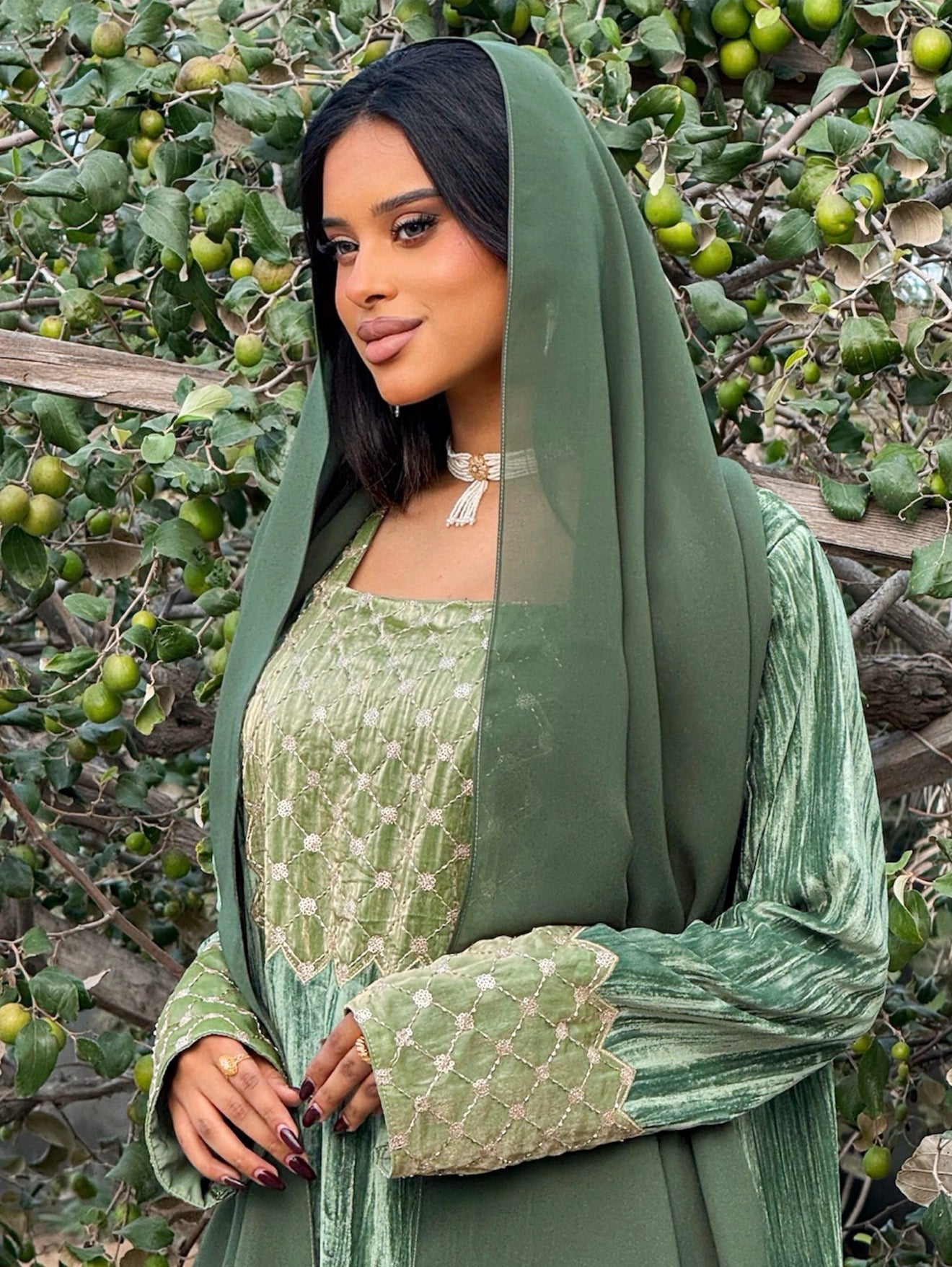 MEI669 - Green Velvet & Embroidered Silk Jalabiya with Headscarf