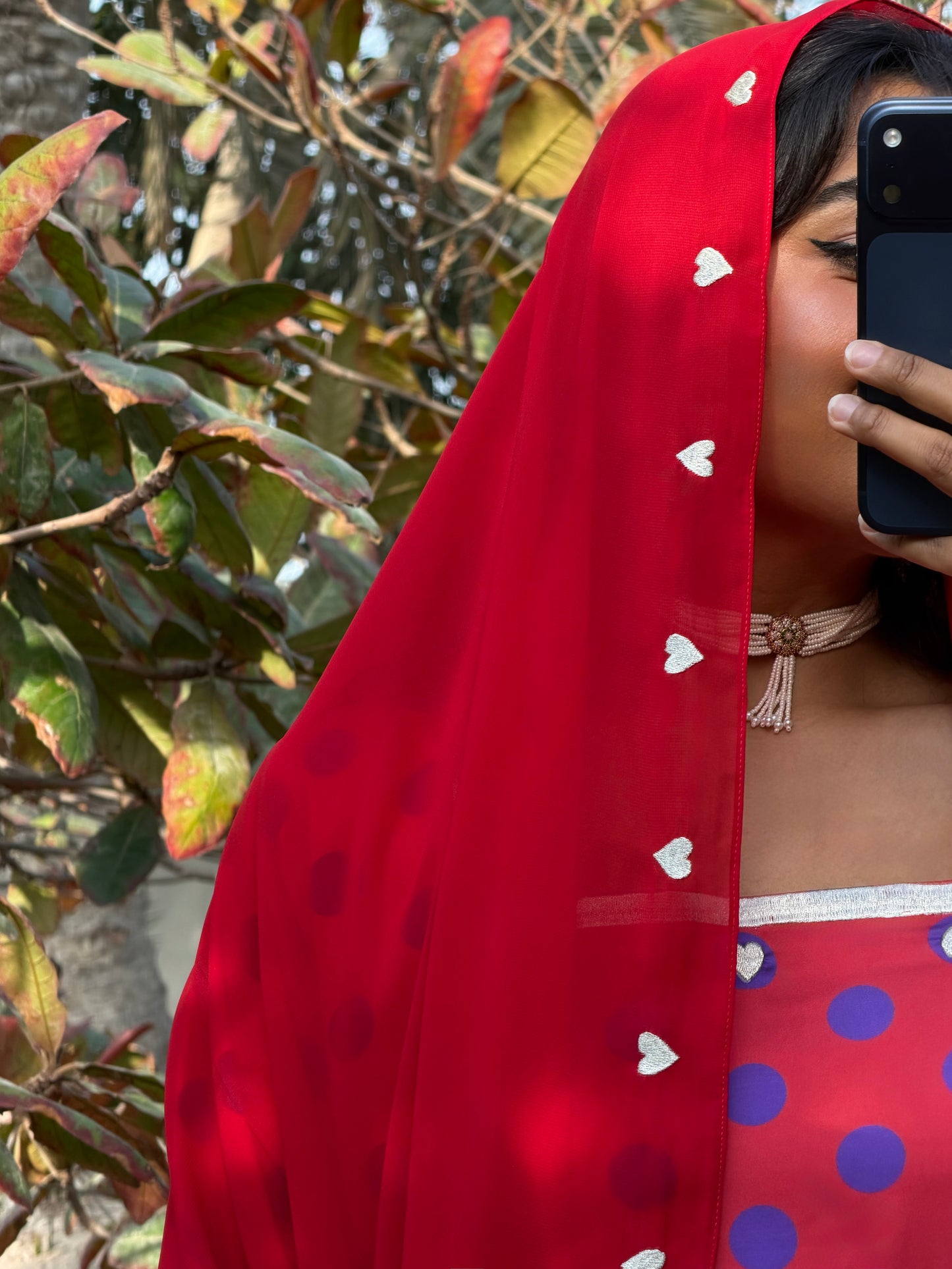 MEI690 - Red/Purple Polka Dots & Hearts Embroidered Jalabiya with Headscarf