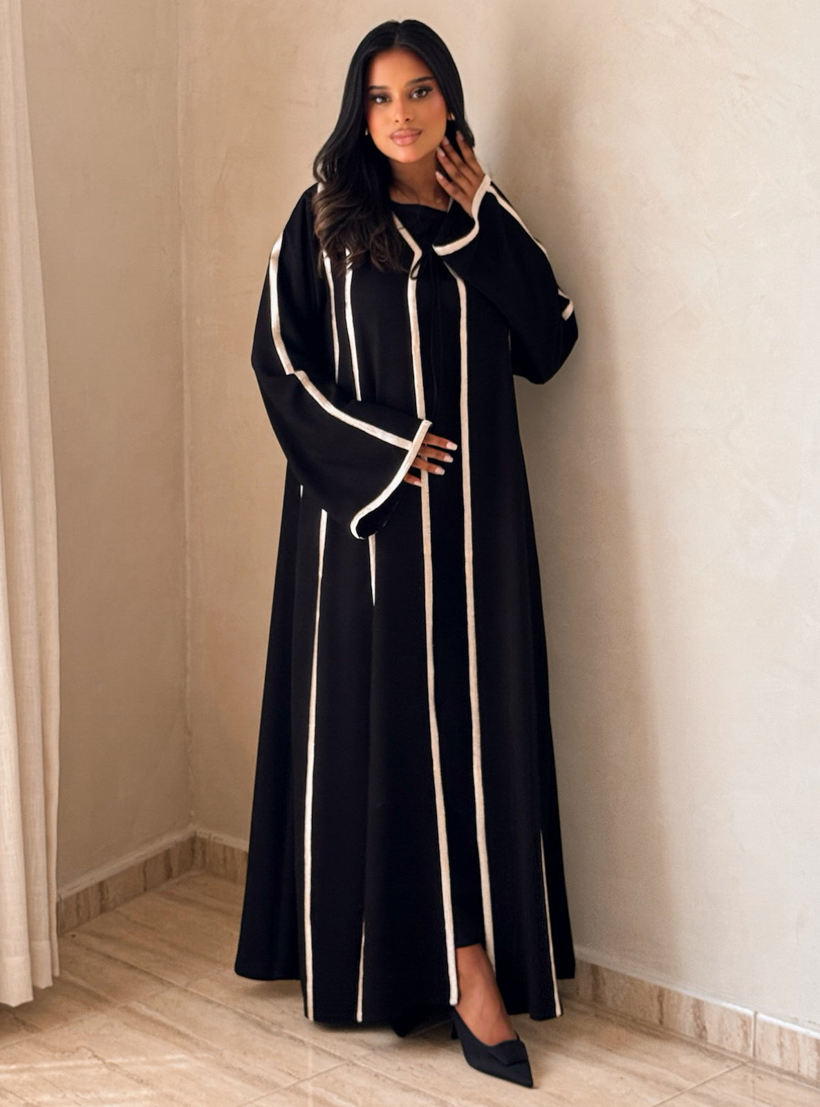 MEI735 - Black A-Cut Abaya with Cream Embroidery & Matching Headscarf