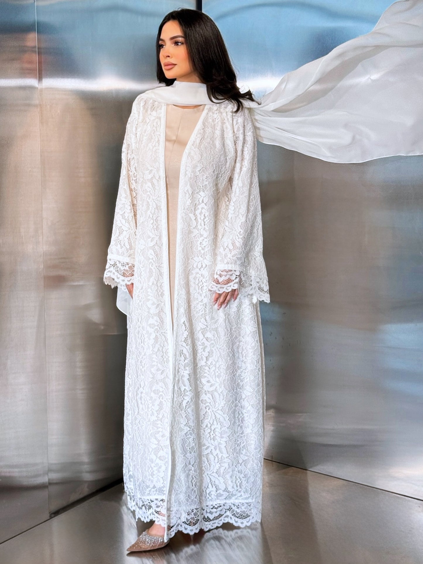 MEI712 - Off White Lace Abaya with Matching Headscarf