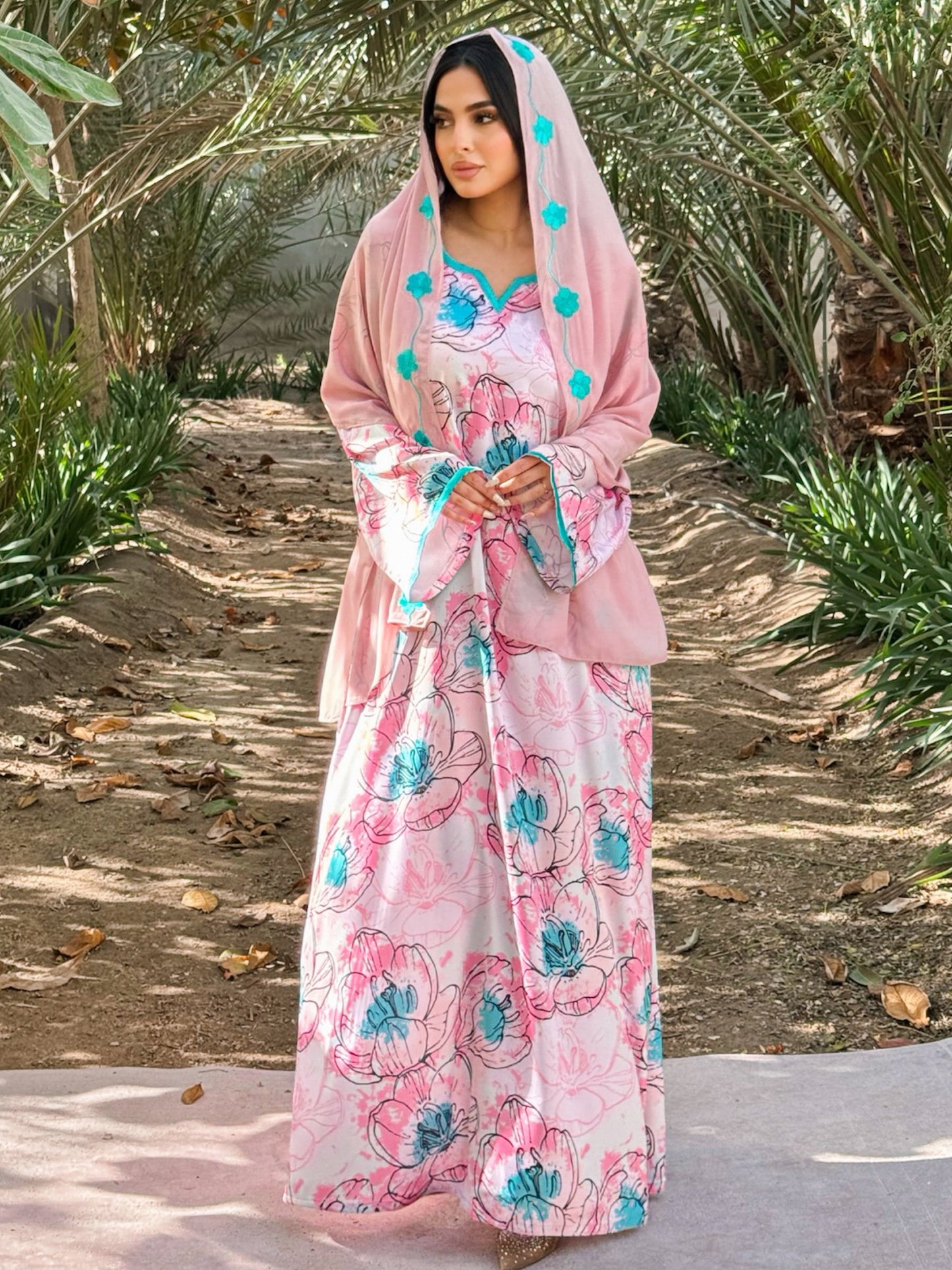 MEI673 - Pink Floral Embroidered Jalabiya with Headscarf