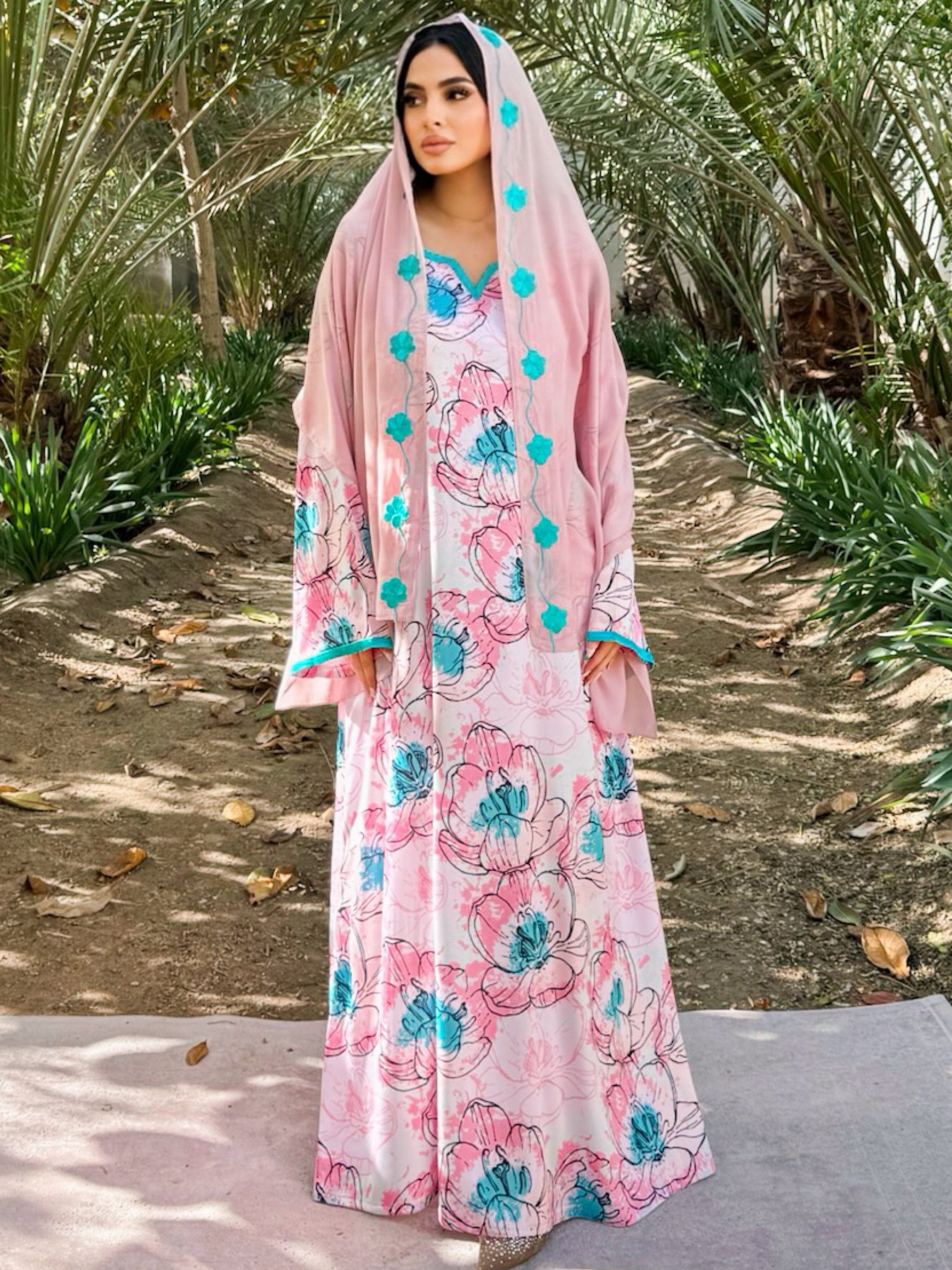 MEI673 - Pink Floral Embroidered Jalabiya with Headscarf