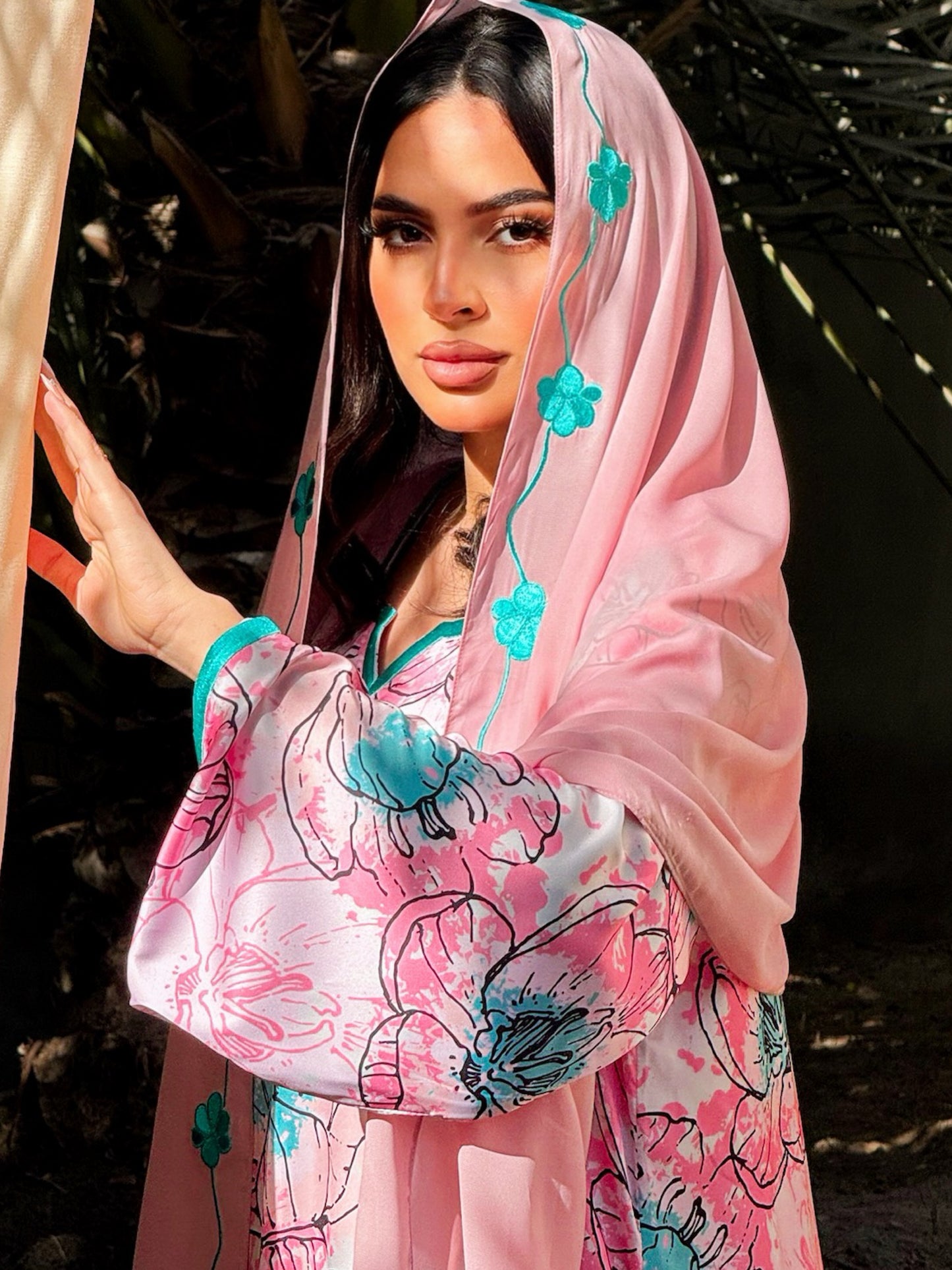 MEI673 - Pink Floral Embroidered Jalabiya with Headscarf