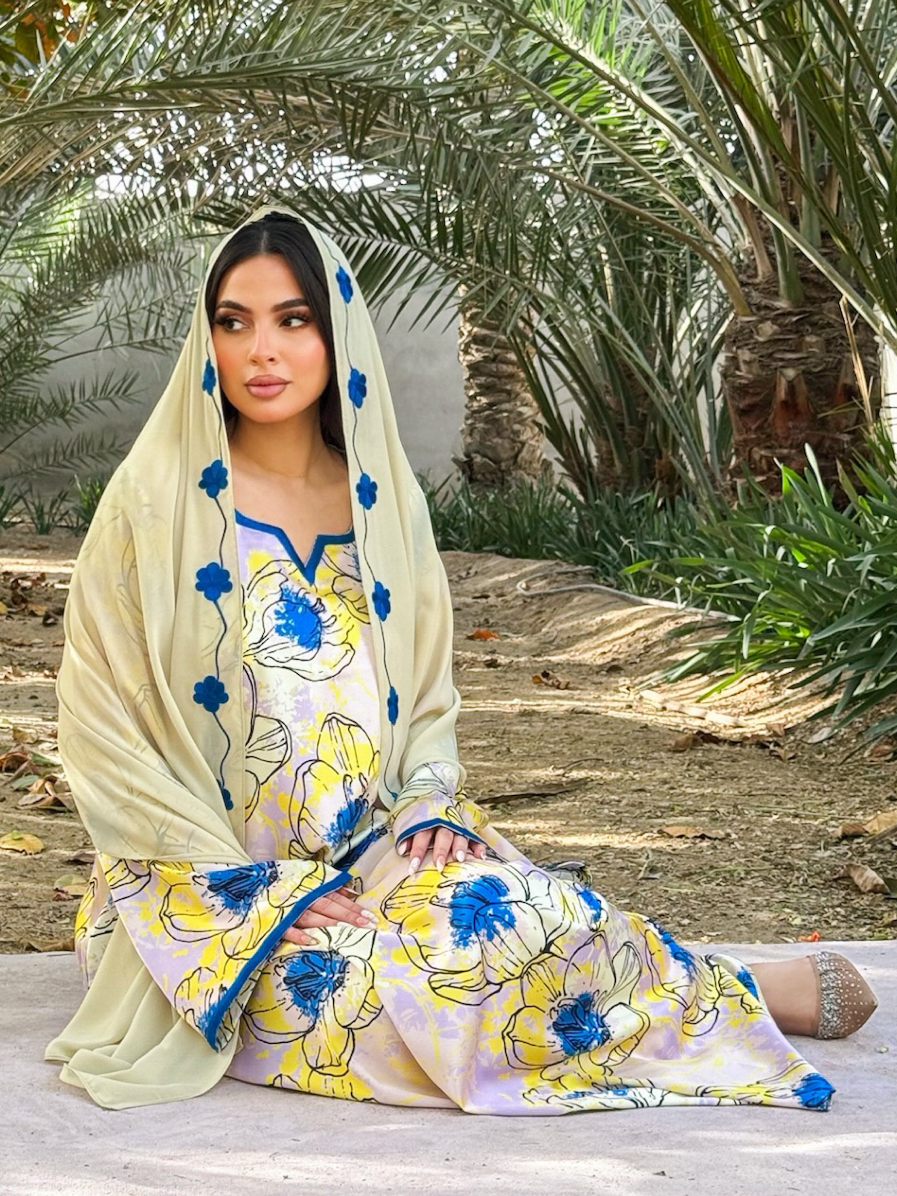MEI675 - Yellow Floral Embroidered Jalabiya with Headscarf