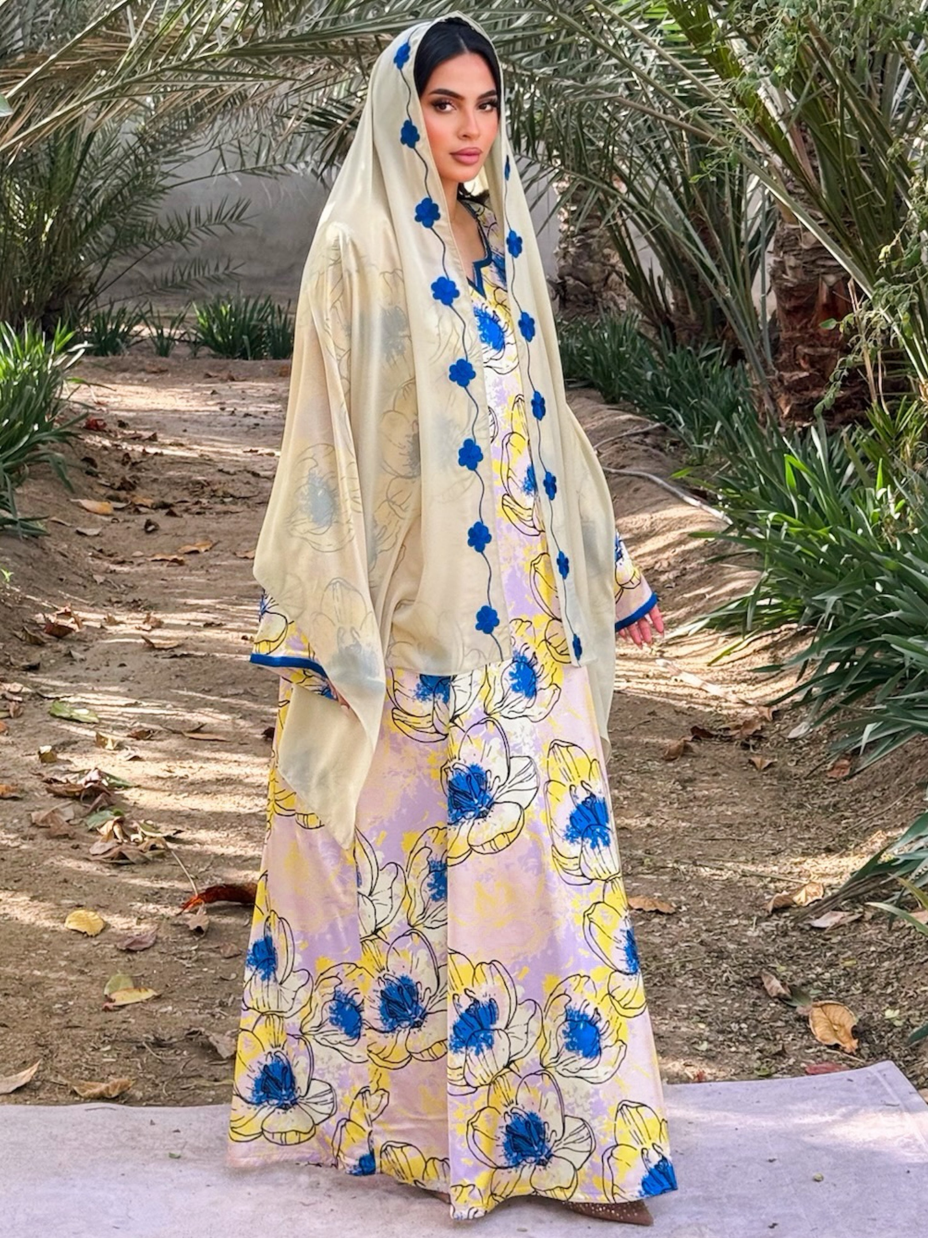 MEI675 - Yellow Floral Embroidered Jalabiya with Headscarf