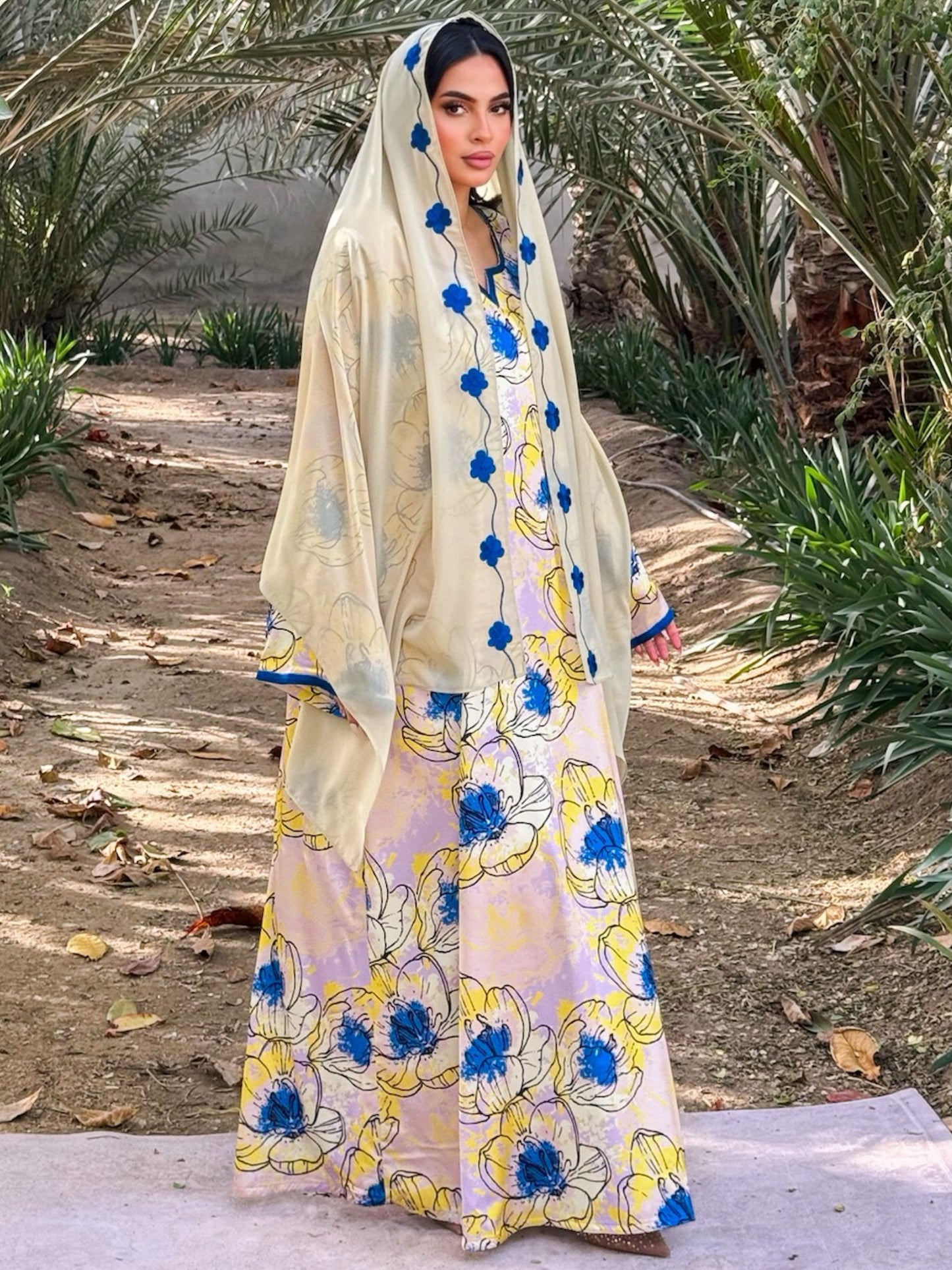 MEI675 - Yellow Floral Embroidered Jalabiya with Headscarf