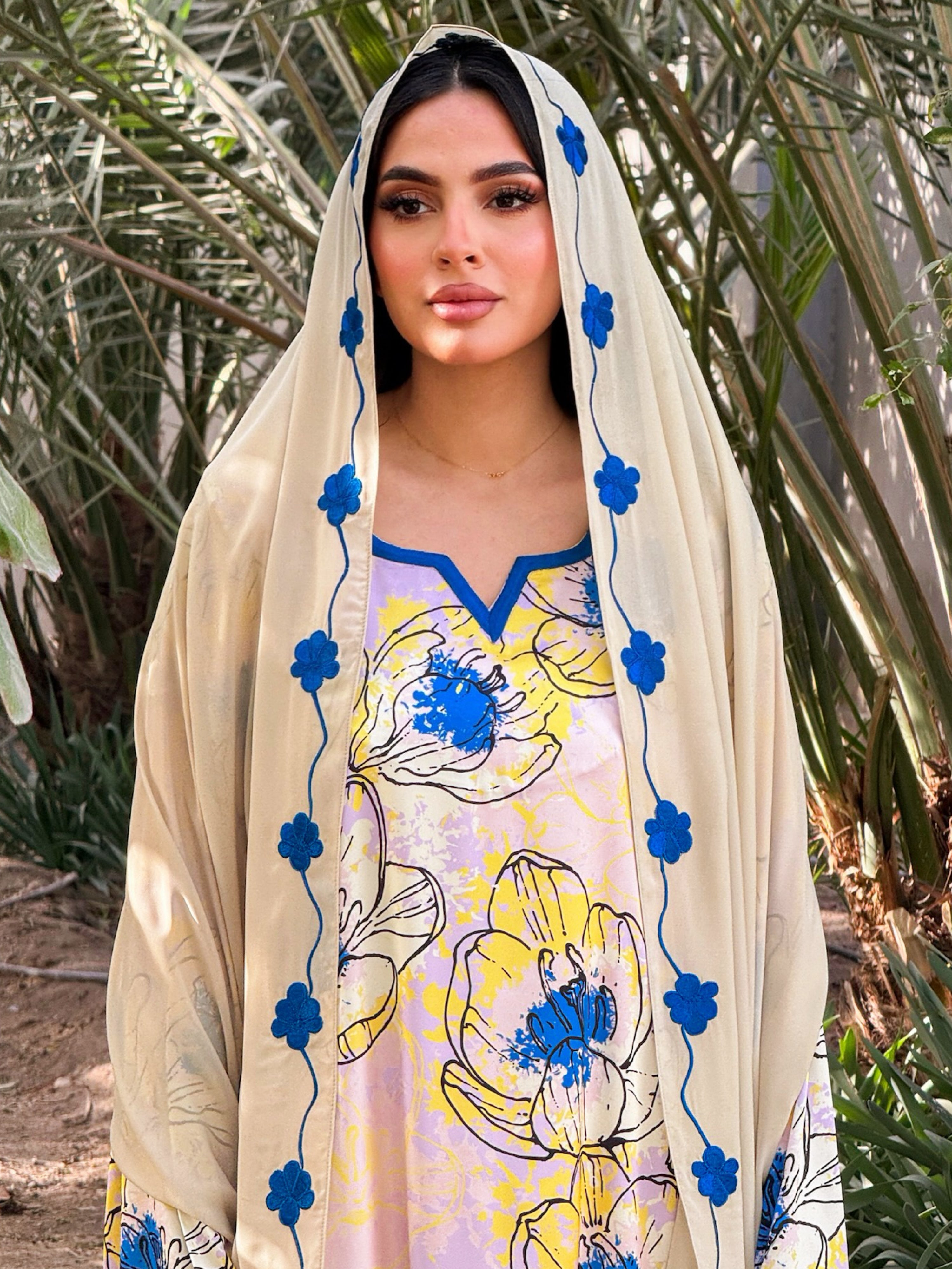 MEI675 - Yellow Floral Embroidered Jalabiya with Headscarf