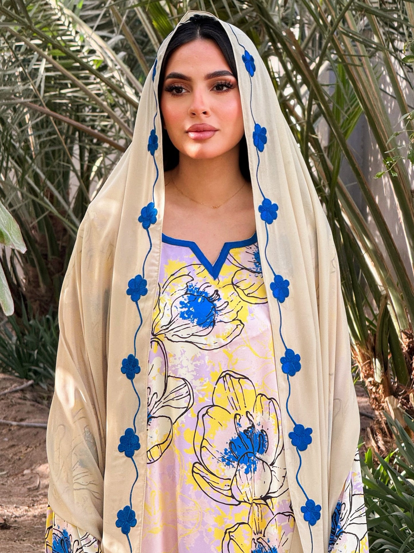 MEI675 - Yellow Floral Embroidered Jalabiya with Headscarf