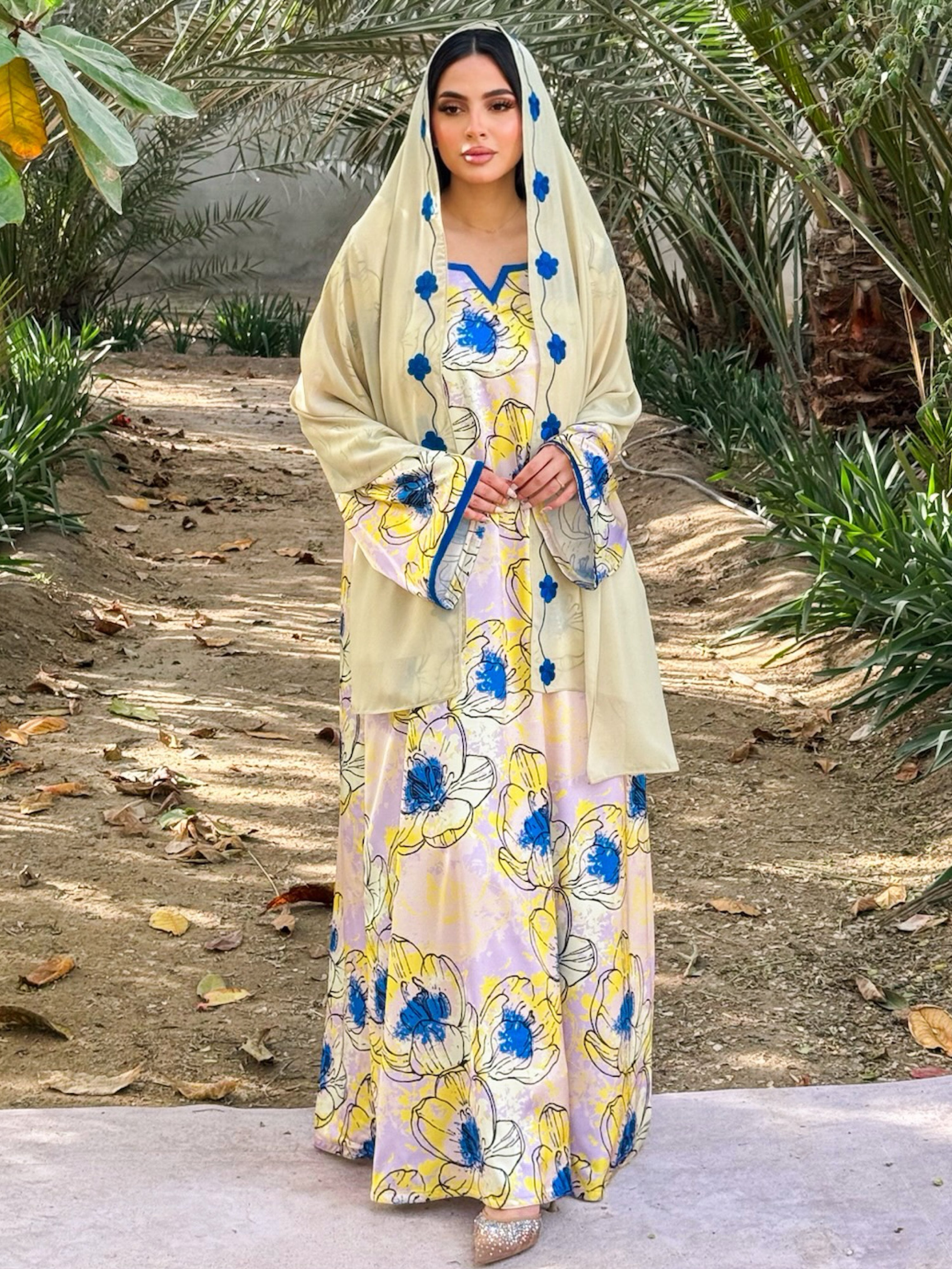 MEI675 - Yellow Floral Embroidered Jalabiya with Headscarf