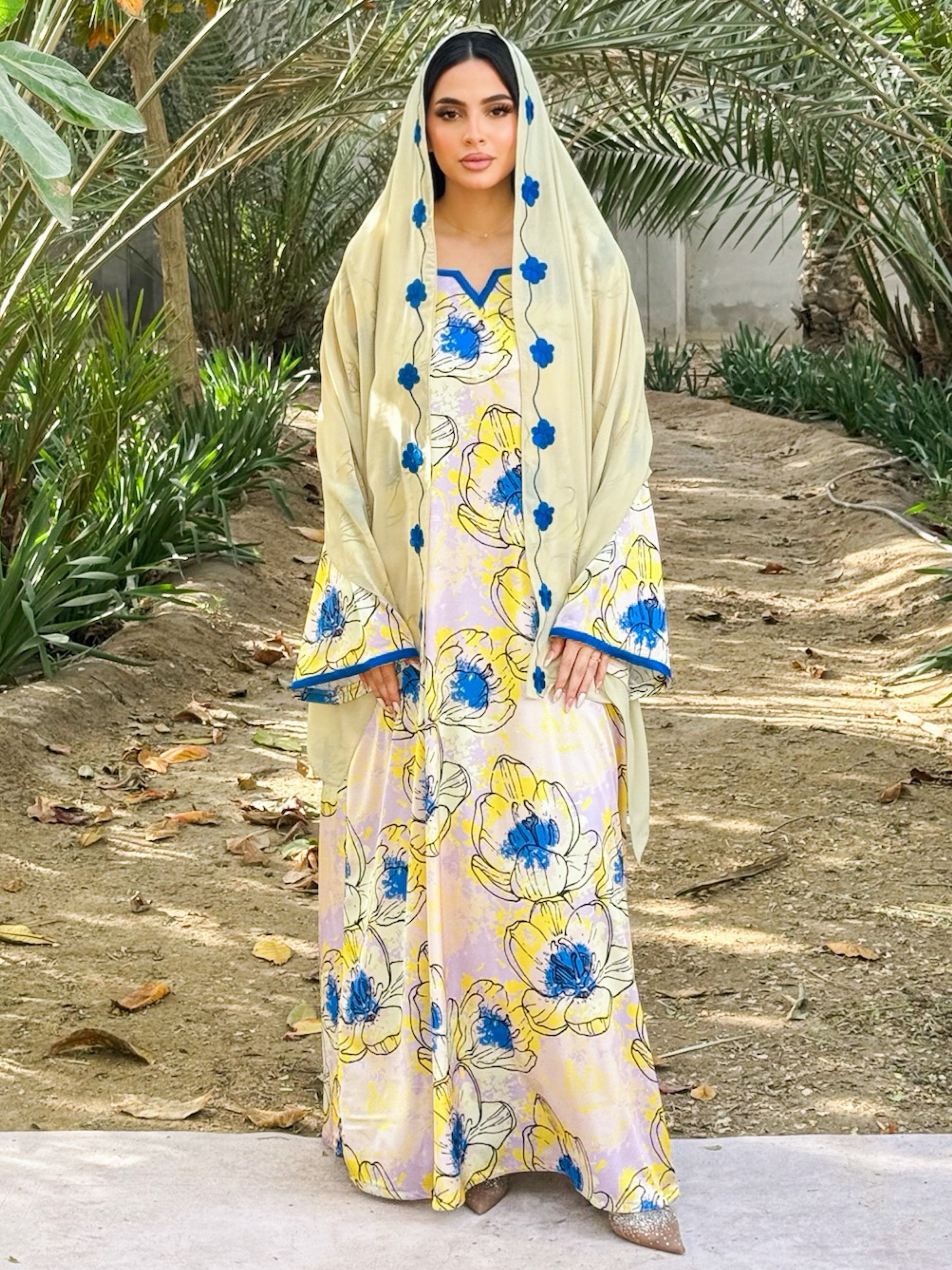 MEI675 - Yellow Floral Embroidered Jalabiya with Headscarf