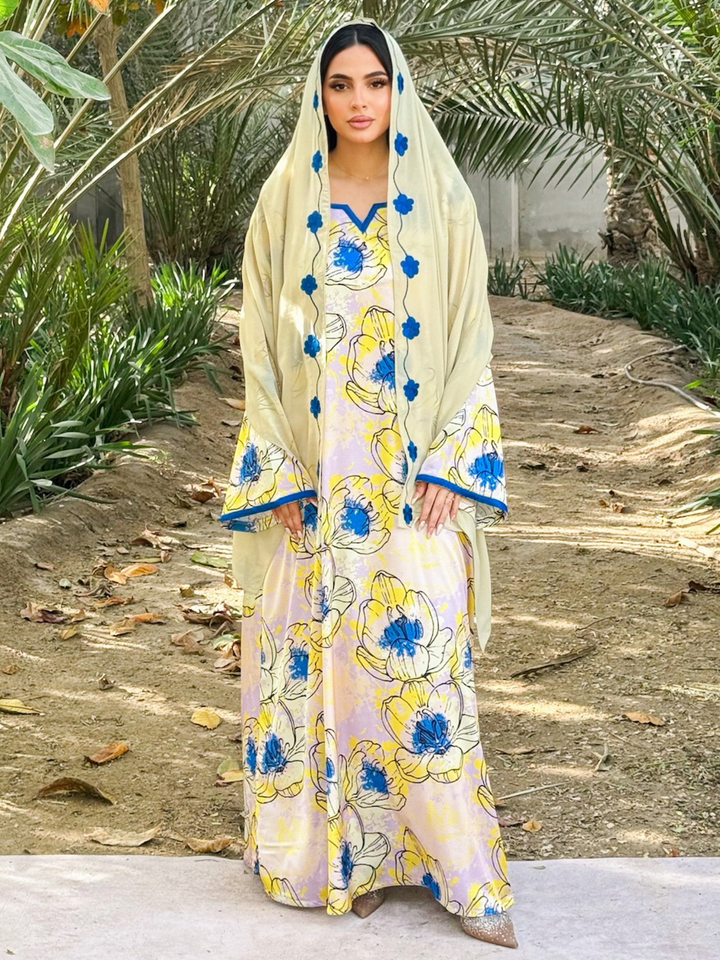 MEI675 - Yellow Floral Embroidered Jalabiya with Headscarf