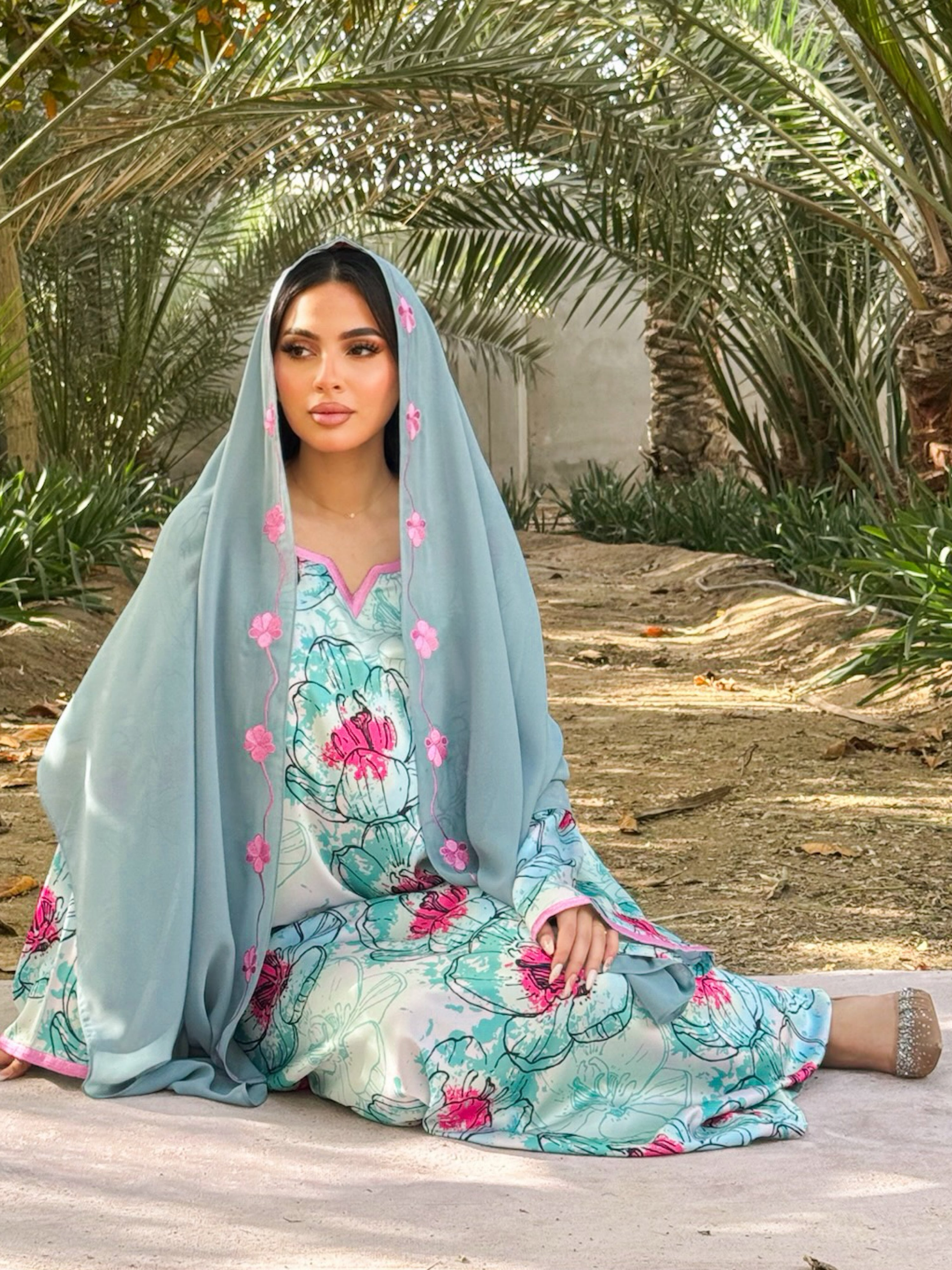 MEI674 - Turquoise Floral Embroidered Jalabiya with Headscarf