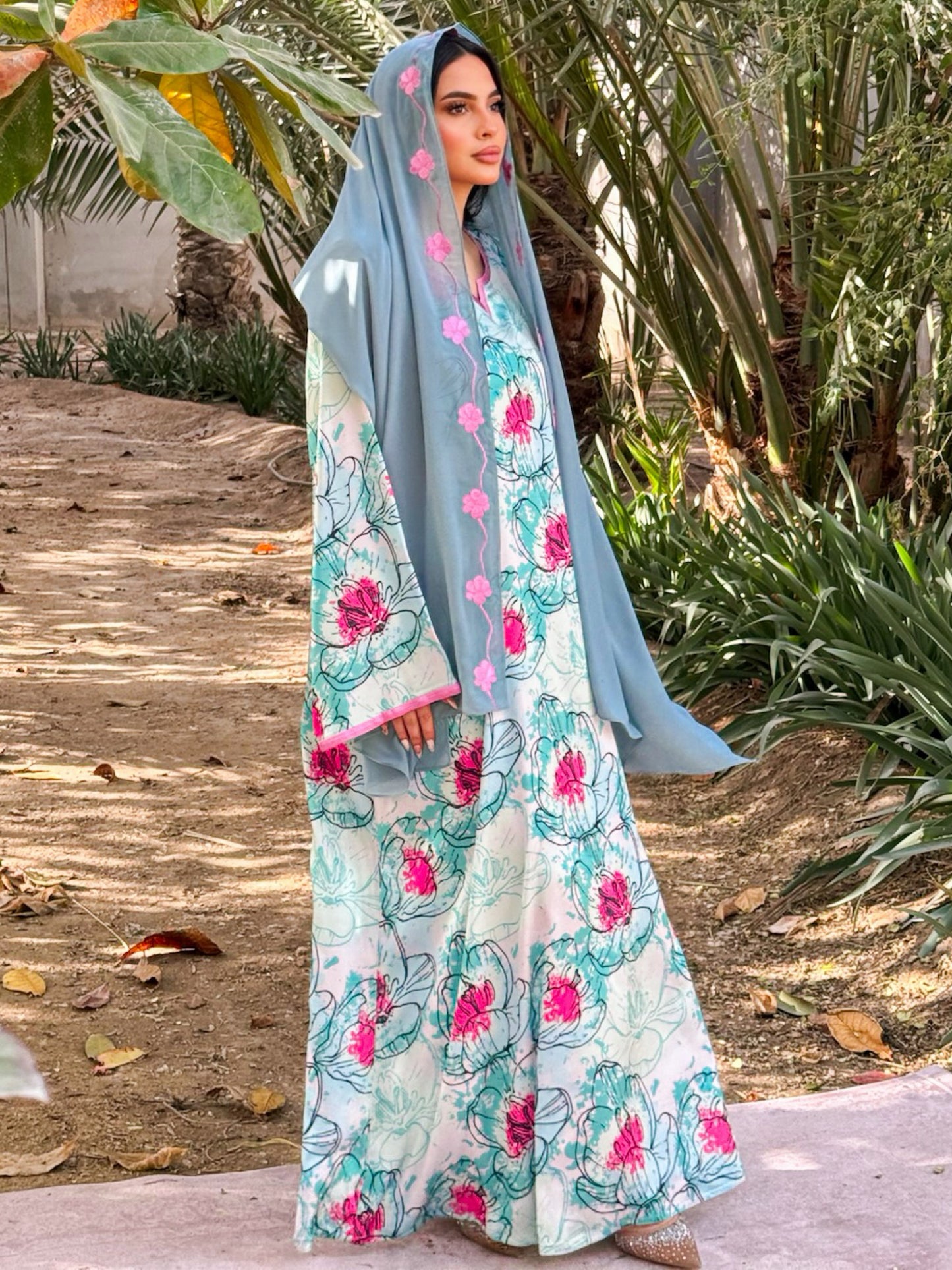 MEI674 - Turquoise Floral Embroidered Jalabiya with Headscarf