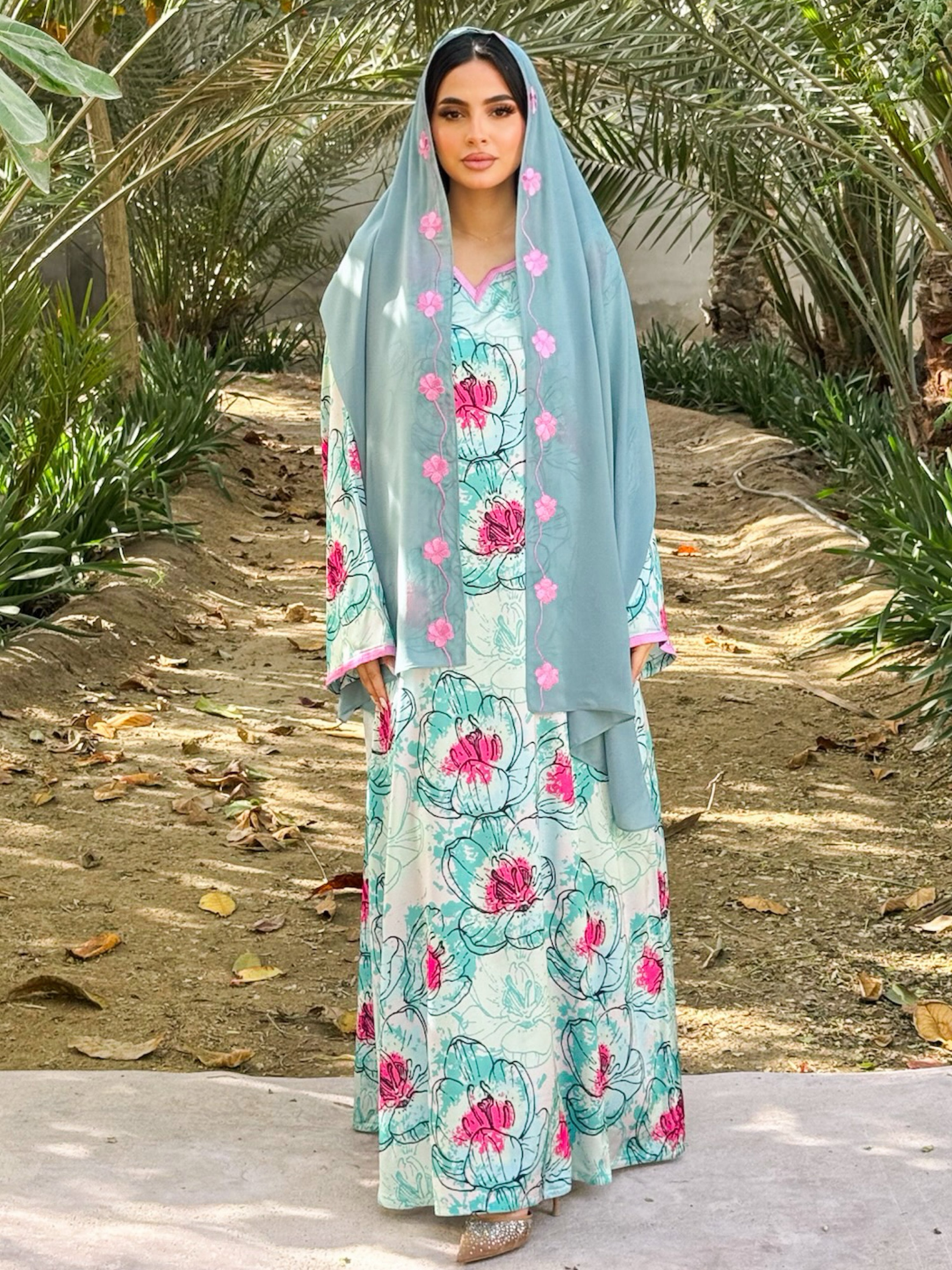 MEI674 - Turquoise Floral Embroidered Jalabiya with Headscarf