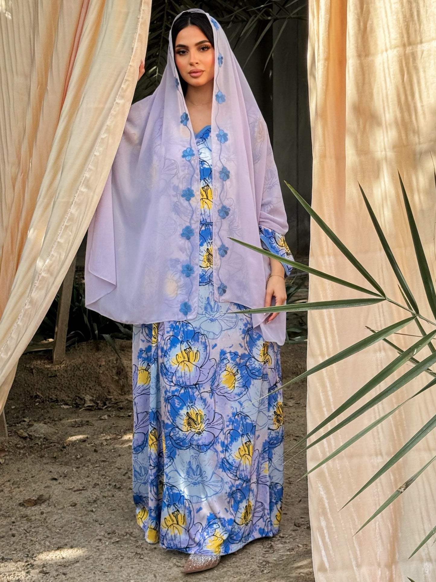 MEI672 - Purple Floral Embroidered Jalabiya with Headscarf