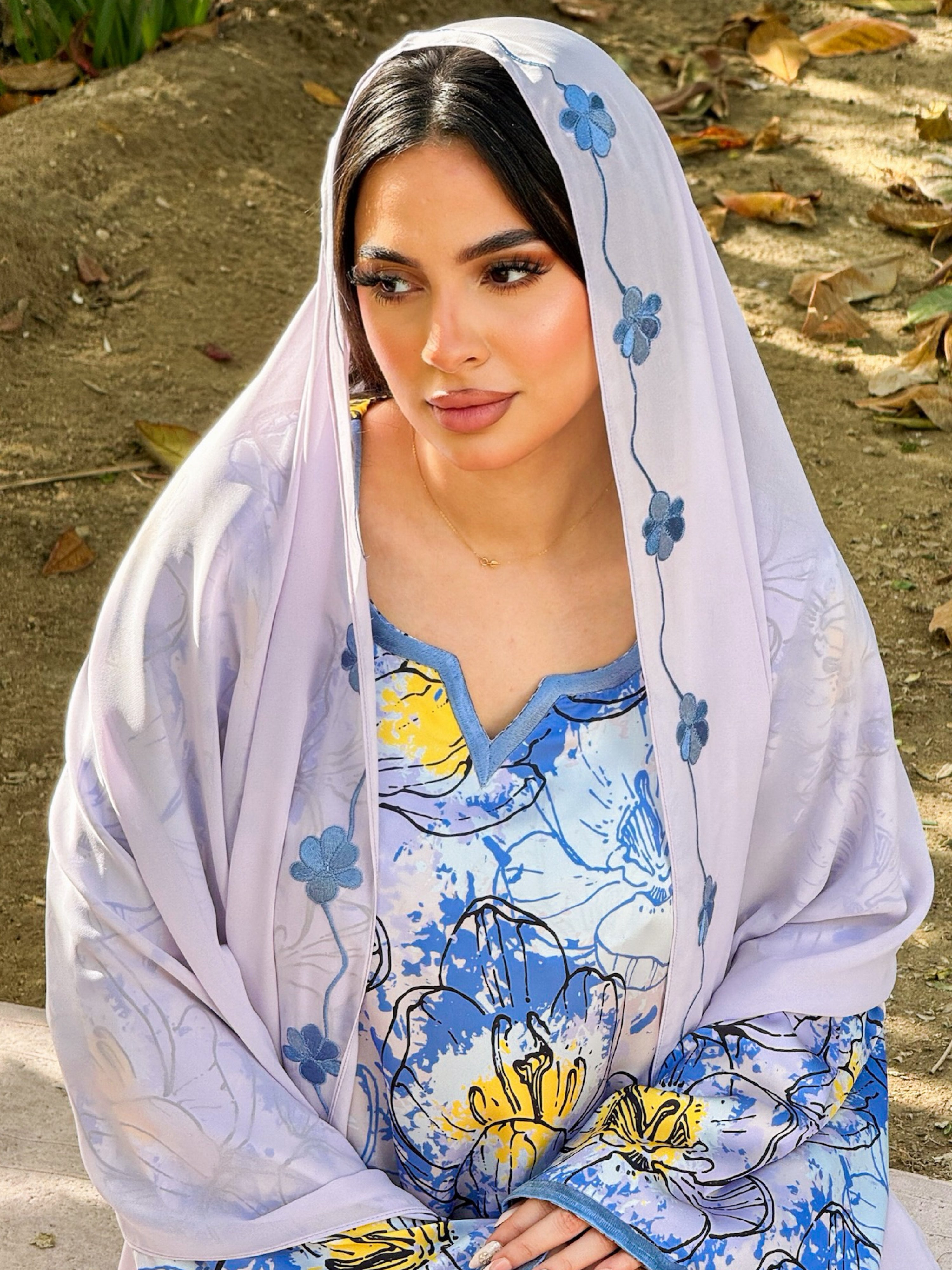 MEI672 - Purple Floral Embroidered Jalabiya with Headscarf