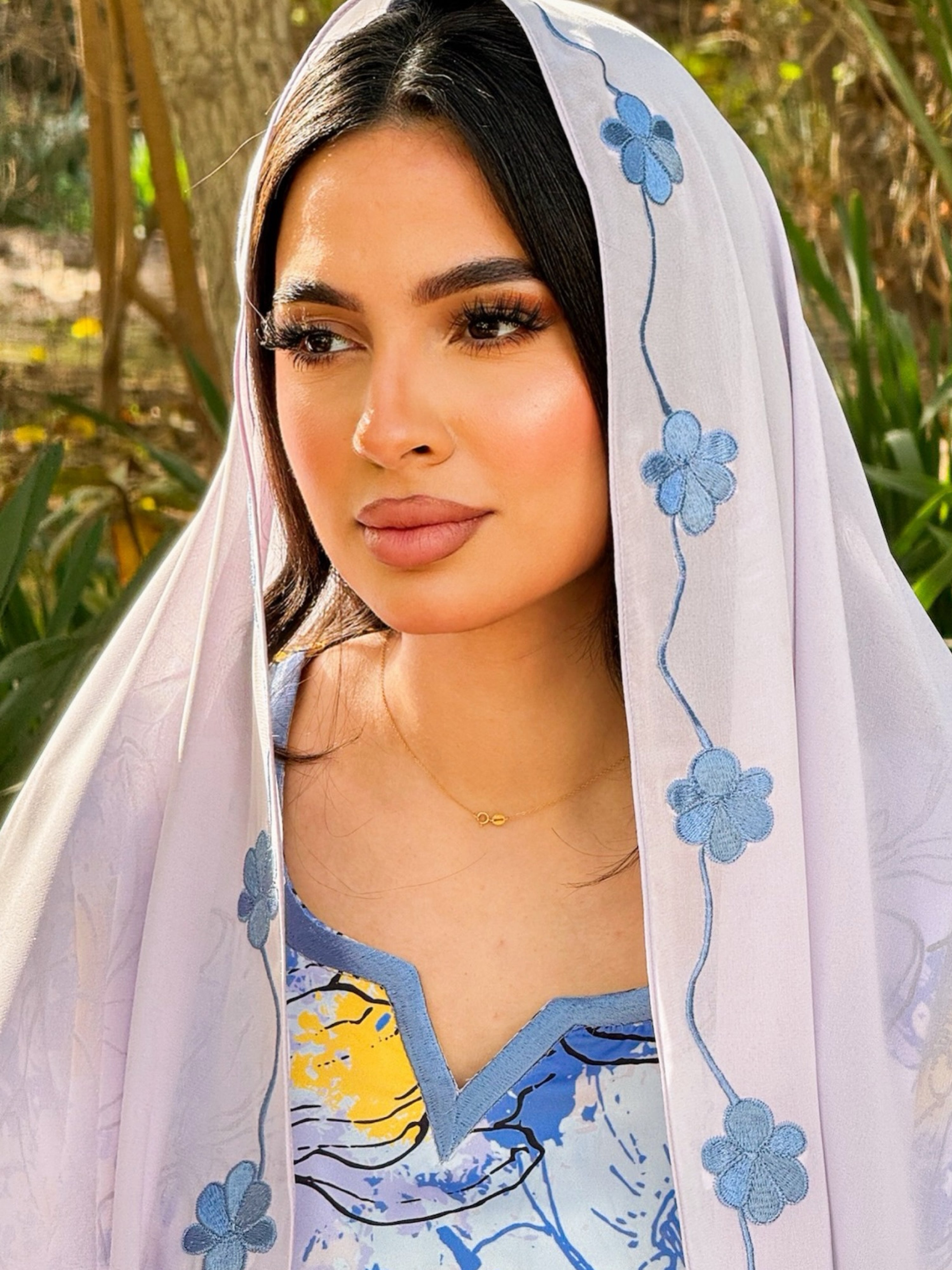 MEI672 - Purple Floral Embroidered Jalabiya with Headscarf