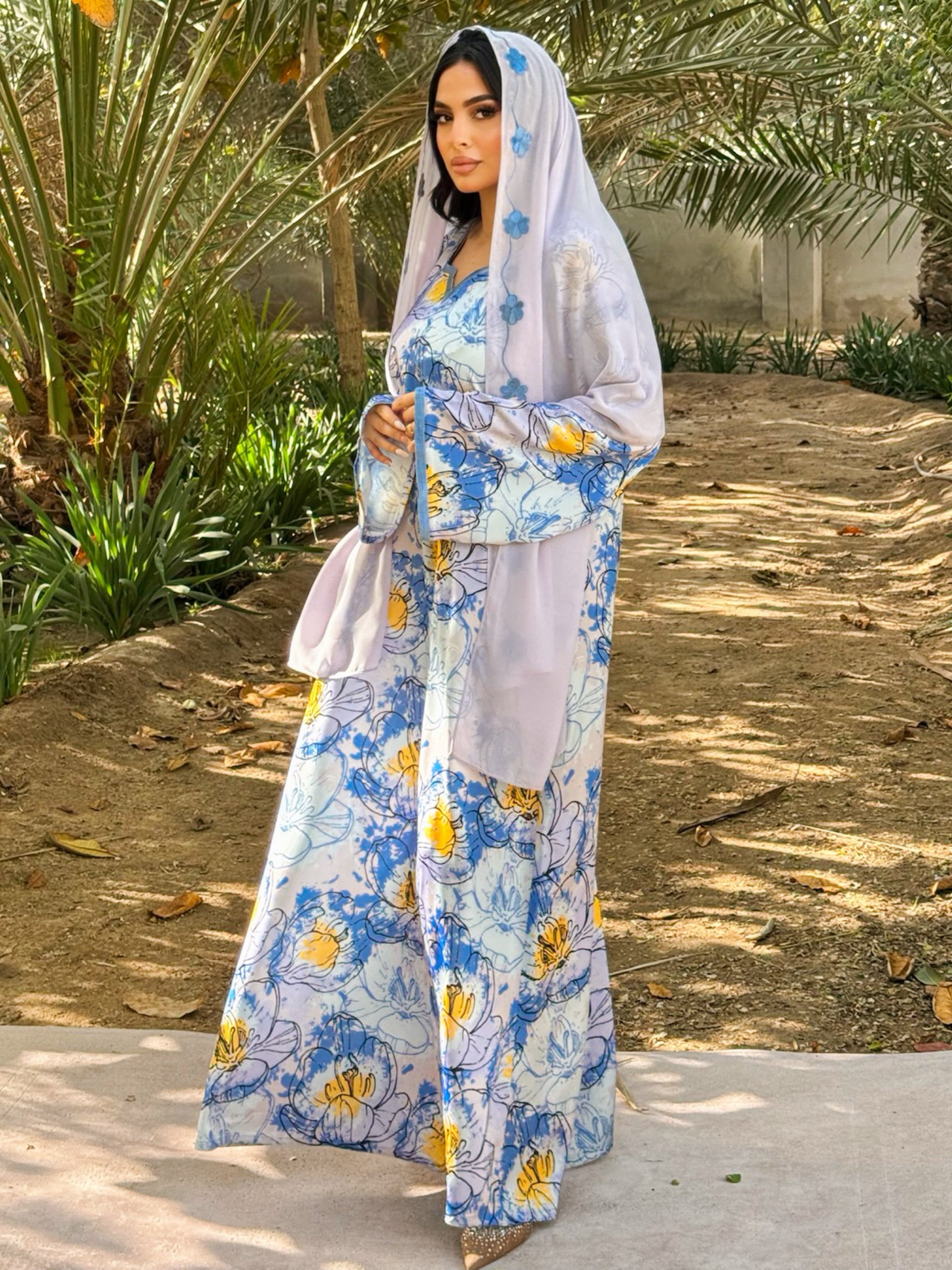 MEI672 - Purple Floral Embroidered Jalabiya with Headscarf